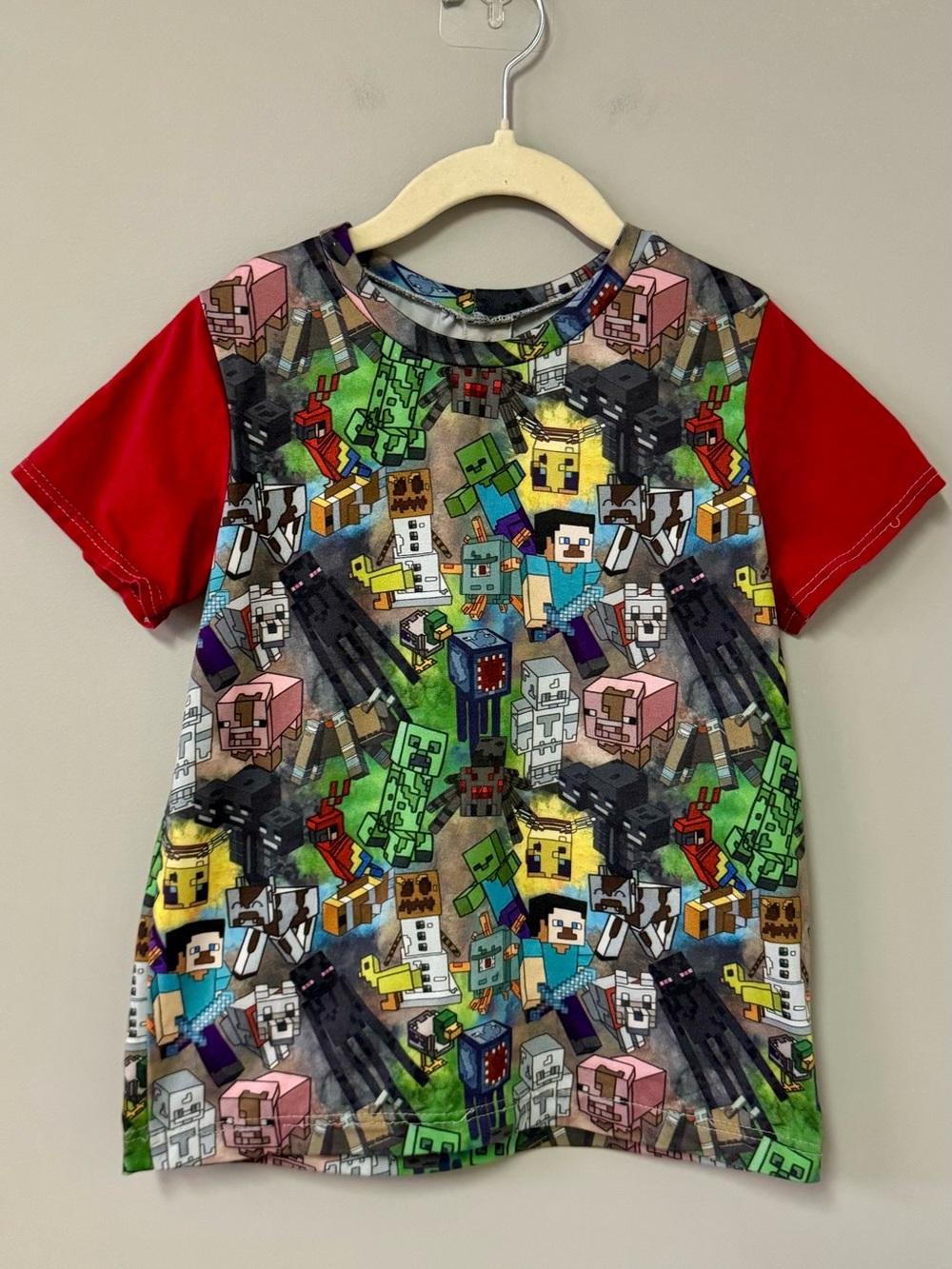 Kids Minecraft Character Print Tee with Red Sleeves